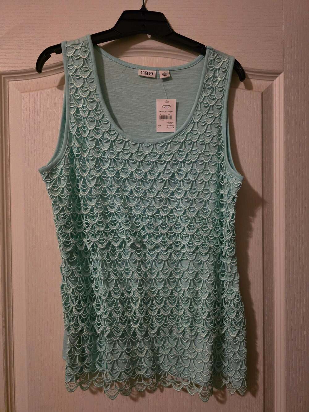 NWT Cato Light Aqua Crochet Tiered Scoop Neck Tank Top Large
